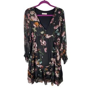 Bellambia Dress Womens Medium Black Floral Long Sleeve Mini Dress Flowy Silk